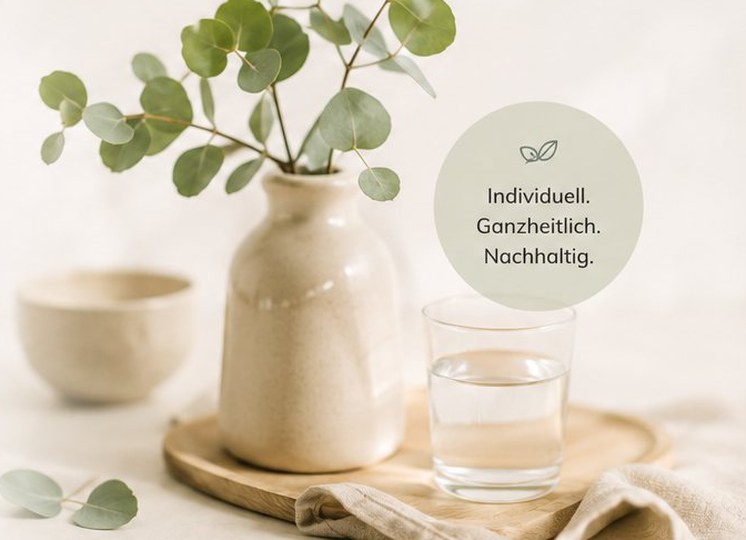 Vase mit Eukalyptus, Schale und Wasserglas auf einem Holzbrett – Individuell. Ganzheitlich. Nachhaltig.