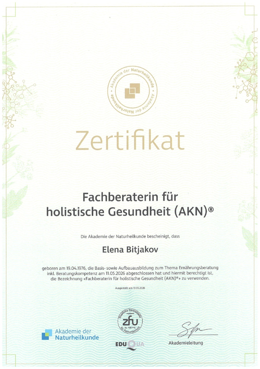 Zertifikat: zertifizierte Fachberaterin für holistische Gesundheit (AKN)